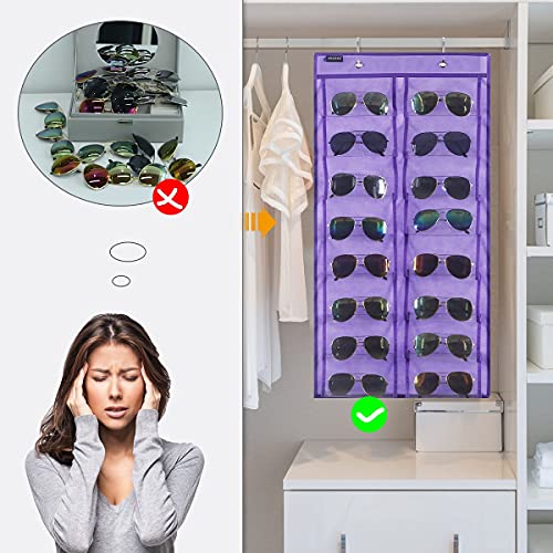 Over the Door Hanging Sunglasses Organizer Storage Sunglass Rack Holder Eyewear Display Case with 16 Clear Dust Proof Pockets (16 Pockets-Purple) - view 2