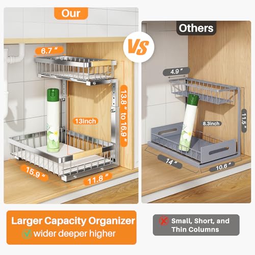 Under Sink Organizer, Adjustable Height, 2 Tier Pull Out Cabinet Organizer, Slide Out Thickened Metal Storage for Kitchen Bathroom Laundry Pantry Cabinet, Stainless Steel, Silver, Large-2-Pack - view 2