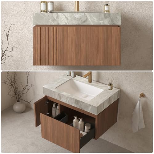 30" Bathroom Vanity with Sink, Wall-Mounted Plywood Bathroom Storage Cabinet with Ceramic Basin & Sintered Stone Countertop, Modern Pre-Assembled Floating Vanity with Drawer & Door, Brown Oak - view 4