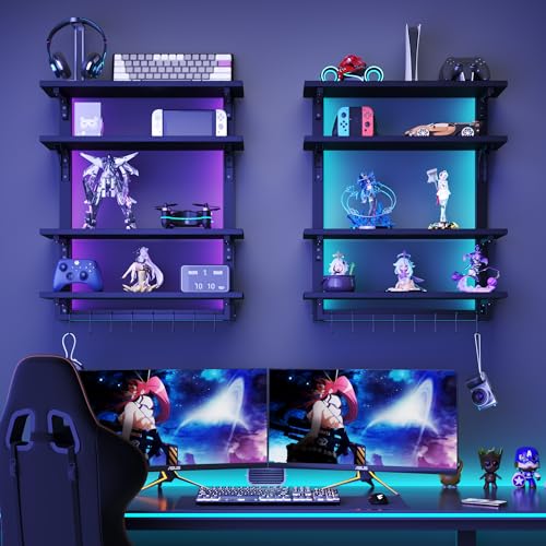 Foldable Gaming Floating Shelves with Adjustable Shelf, 24 Inch Wall Mounted Shelves with Dynamic LED, 4 Tier Wall Mounted Shelves with Towel Bar & 8 Hooks, Cool Wall Display Rack - view 4