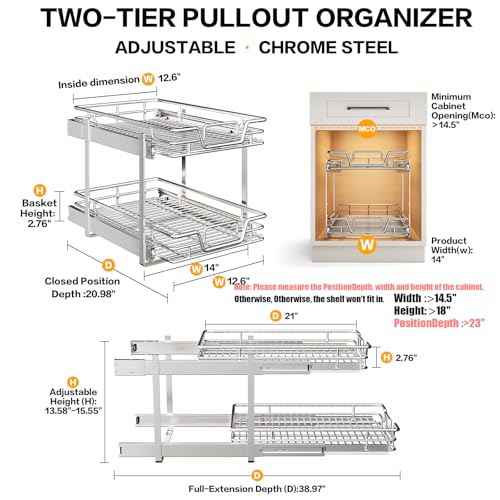 2-Tier Kitchen Cabinet Pull Out Shelf and Drawer Organizer Slide Out Pantry Storaqe Basket in Multiple Sizes (14" W x 21" D) - view 2