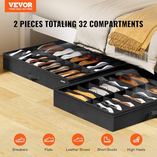 Under Bed Shoe Storage Organizer, Set of 2, Total 32 Compartments, Underbed Shoes Closet Storage Solution with Clear Window, Breathable, Foldable Fabric Container Box with Reinforced Handles - view 2