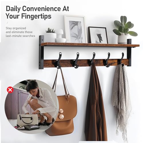 29" Rustic Coat Rack Wall Mount with Shelf, Entryway Wall Hooks with Shelf, Coat Hangers for Bathroom, Living Room, Bedroom, Rustic Black - view 4