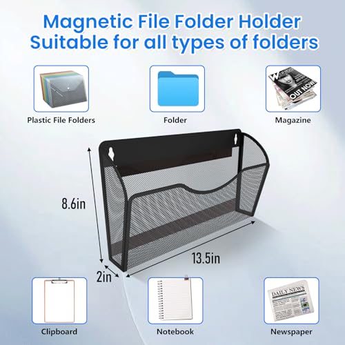 Magnetic File Holder 3PCS Wall File Folder Organizer, No Drilling Hanging Magazine Rack for Refrigerator, Document Paper Mail Folder Holders Office File Magnetic Organizer (Black) - view 2