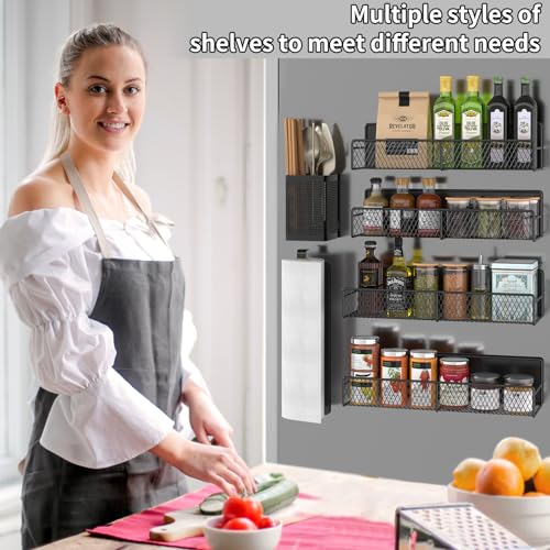Magnetic Spice Rack for Refrigerator, 6 Pack 100% Metal Strong Magnet Shelf Black, Space Saving Spice Organizer, Home Kitchen Laundry Room Storage Organization W/ Paper Towel Holder, Utensils Racks - view 6