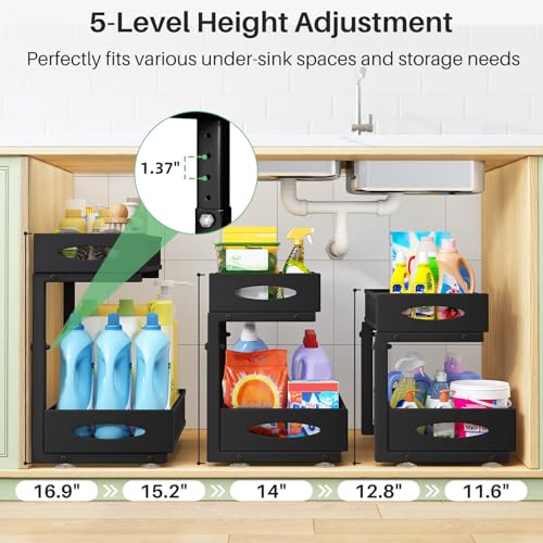 Under Sink Organizer, 2 Pack 2 Tier Pull out Cabinet Organizer Baskets with Mesh Sliding Drawers, Slide out Sink Storage Shelves for Home, Kitchen, Bathroom, Pantry, Office Organizers and Storag,Black - view 4