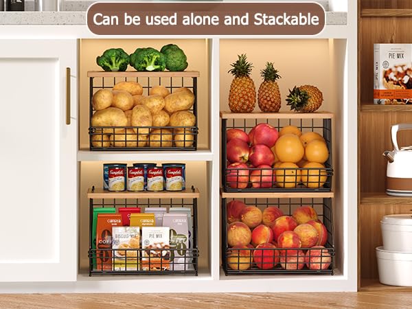 2 Set Stackable Wire Basket with Wooden Tops & Pad for kitchen organizers and storage, XXL Kitchen Counter Organizer for Fruit, Vegetable, Bread, Potato and Onion Storage Bin - view 5