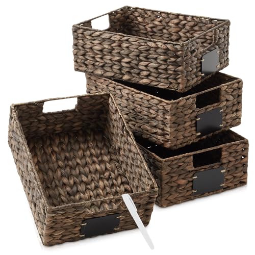 Set of 4 Water Hyacinth Pantry Baskets, 10" x 13" x 5", with Chalkboard Labels and Chalk Marker - Espresso, Woven Storage Bin Organizers for Kitchen Shelves