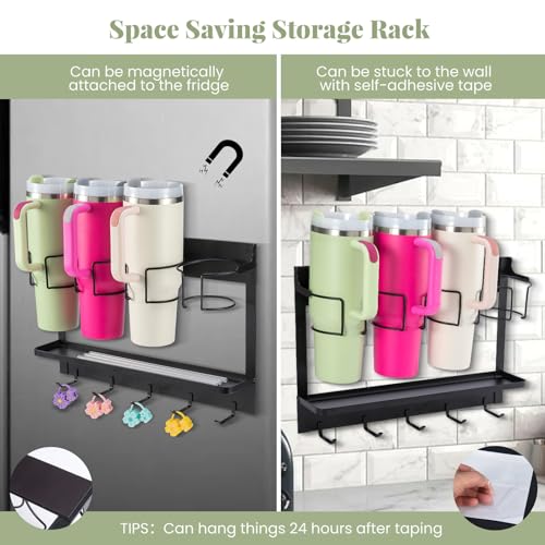 Water Bottle Organizer Holder, Magnetic Cup Rack Storage for Stanley & Large Tumbler, Space Saving Wall Mount Bottle Organizer with 5 Hook, Easy to Install, Black - view 5