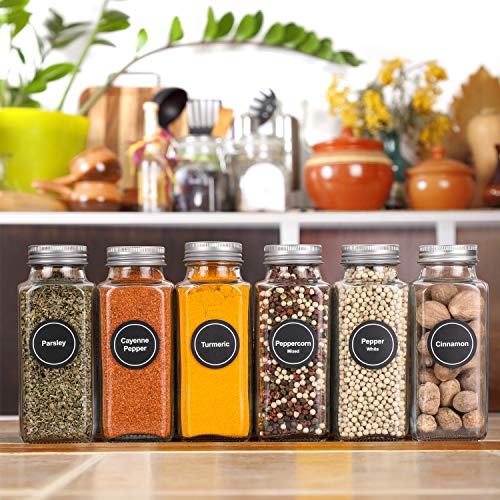 14 Pcs Glass Spice Jars with Spice Labels - 8oz Empty Square Spice Bottles - Shaker Lids and Airtight Metal Caps - Chalk Marker and Silicone Collapsible Funnel Included - view 6