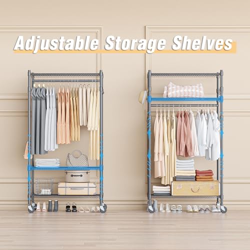 Narrow Rolling Garment Rack with Double Rods and 3 Adjustable Shelves, Compact Portable Closet Organizer for Bedroom, Dorm, Laundry Room, 23.62" W x 16.54" D x 80.71" H, Gray - view 5
