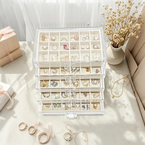 Acrylic Earring Holder Organizer with 5 Drawers Clear Earring Organizer Box with 90 Adjustable Grids Velvet Earring Display Case Jewelry Organizer for Earrings Rings Studs (Beige) - view 4