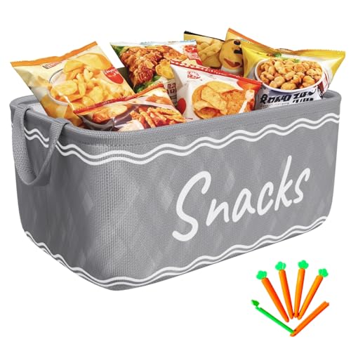 Snack Basket for Pantry & 5 Seal Clips - Snack Bin Organizer for Countertop - Imitation Linen Snack Storage Containers for Storing Chips, Pretzels, Cookies, Popcorn and more (1, Gray)