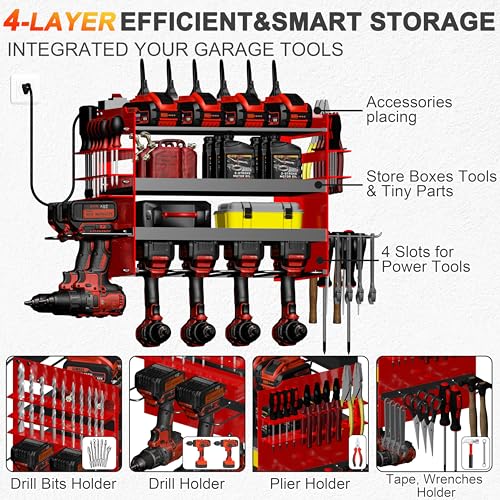 Power Tool Organizer Wall Mount with Charging Station, 4-Layer Drill Holder Heavy Duty Metal Storage Rack for Garage Organization Drill Storage Shelf, Fathers Day Dad Gifts for Dad Husband - view 5