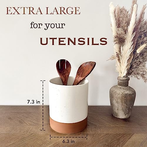 Ceramic Kitchen Utensil Holder - Wooden Spoon & Spatula Crock for Countertop, Modern Farmhouse Home Decor, Extra Large 7.3" Cooking Organizer for Stove Top and Counter - Heavy & Sturdy - Vanilla - view 2