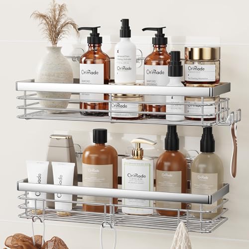 Shower Caddy with 5 Hooks Organizer for Hanging Razor and Sponge Bathroom Basket Adhesive Shower Shelf Storage Kitchen Rack Wall Mounted No Drilling Rust-resistant Stainless Steel - 2 Pack