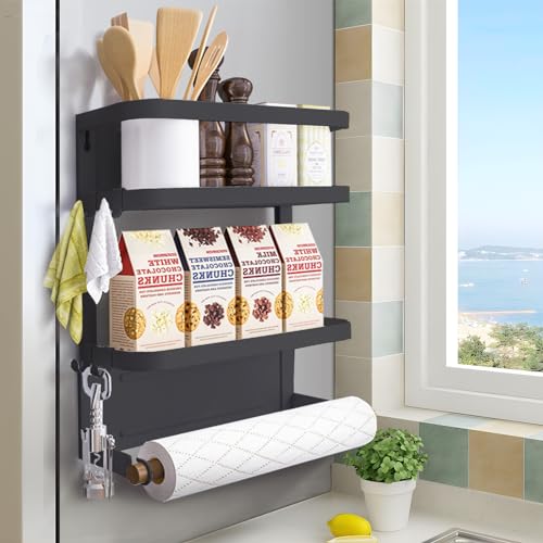 Magnetic Spice Rack for Refrigerator Magnetic Paper Towel Holder for Fridge Magnetic Shelf Magnetic Shelves Fridge Magnet Organizer Spice Rack Kitchen Organization Kitchen Storage Black