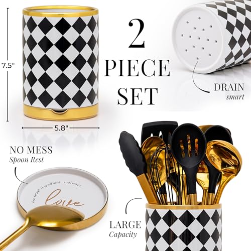 Black & White Checkered Utensil Holder Set - view 7