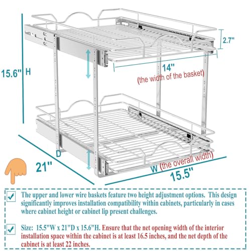 2 Tier Pull Out Cabinet Organizer (15.5" W x 21" D), Pull Out Drawers for Kitchen Cabinets, Pull Out Shelves for Base Cabinet Organization in Kitchen Bathroom Pantry, Chrome Finish - view 4
