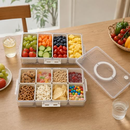 2 Pack Snack Box Container with 8 PP Compartments & 4 Draining Grids, Food Storage Tray with Lid & Handle, Dishwasher Safe, Portable Organizer for Picnic, Travel, Party - view 2