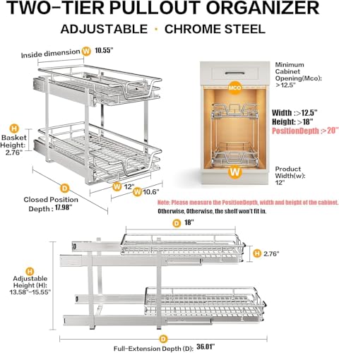 2-Tier Kitchen Cabinet,Pull Out Cabinet Organizer,Shelf and Drawer Organizer Slide Out Pantry Storaqe Basket in Multiple Sizes (12" W x21 D) - view 2