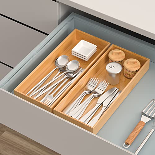 Bamboo Drawer Organizer, Stackable Utensil Organizer for Kitchen, Bamboo Storage Box Wood Silverware Tray for Drawer 15" x 6" x 2" Set of 2 - view 2