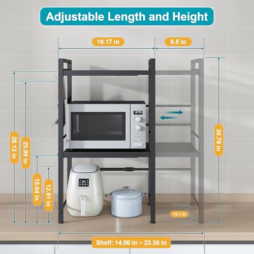 Expandable Microwave Rack, Countertop Kitchen Utensils Tableware Storage, Carbon Steel 3 Tier Shelf with 3 Hooks - view 3