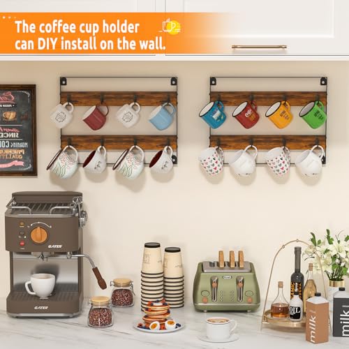 Rustic Wood Coffee Mug Rack - Wall Mount Cup Holder Shelf Storage for Kitchen, Home, Bar, Office (4 Pack, Holds 32 Mugs) - view 4