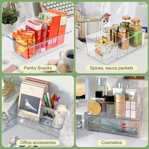 Snack Organizer for Pantry Shelf, 6 Pack Clear Plastic Pantry Storage Bins with 3 Dividers for Snacks, Spices, Chips Food Organizer, Stackable Pantry Organizers for Kitchen, Fridge, Cabinet - view 6