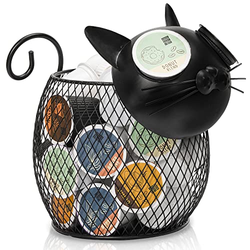 Cat Coffee Pod Holder Basket – Compatible K-Cup Organizer for Countertop Coffee Bar – Cute Kitchen Metal Décor Storage for Keurig Pods, Creamers & Capsules (Black Cat)