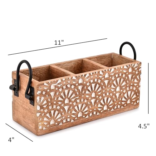Mango Wood 3 Compartment Multi Purpose Utensil Cutlery Racks for Cutlery, Napkins, Cups Caddy Organizer (11" x 4" x 4.5") - view 5