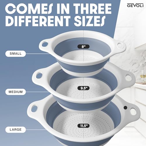 Collapsible Colanders (3 Pack Set) Food Strainers with Over-Sink Water Draining Base for Pasta Fruits and Vegetables, White/Blue (3 Sizes, 3QT, 4QT and 5 Quart) - view 5