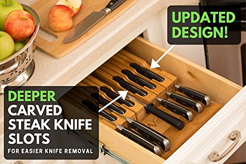 In-Drawer Bamboo Knife Block Holds 12 Knives (Not Included) Without Pointing Up PLUS a Slot for your Knife Sharpener! Knife Organizer Made from Quality Moso Bamboo - view 2