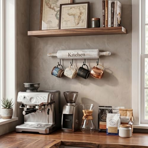White Washed Wood Kitchen Utensil Rack with 4 Hooks, Wall Mounted - view 5