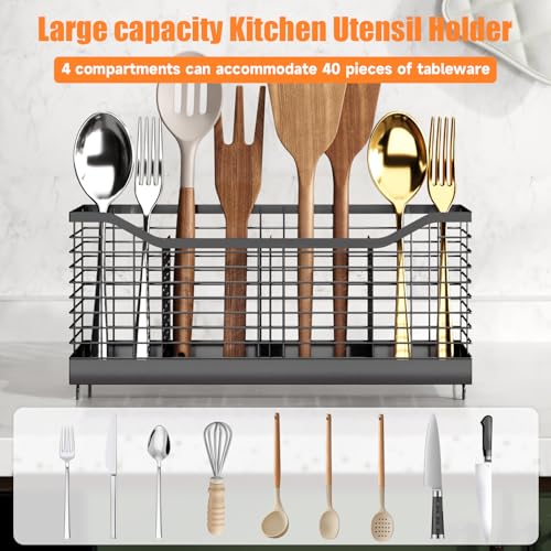 Extra Large Kitchen Utensil Holder Exquisite And Durable Kitchen Utensil Organizer，Knife Fork Spatula Utensils Drainage Rack Basket Accessories With Hooks, Rust Proof，Non-Slip Feet（4compartments） - view 4