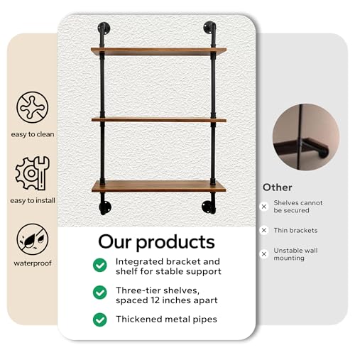 3-Tier Industrial Pipe Floating Shelf – Rustic 24 inch Wood Wall-Mounted Storage Shelf for Kitchen Office,Bathroom & Home Decor -Walnut - view 4