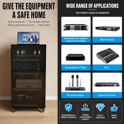 4-Tier Audio Rack with Wheels – Adjustable AV Stand with Wood Shelves & Glass Door for Home Theater, TV Storage, Media Console – Stylish Furniture Solution for Entertainment Systems - view 4