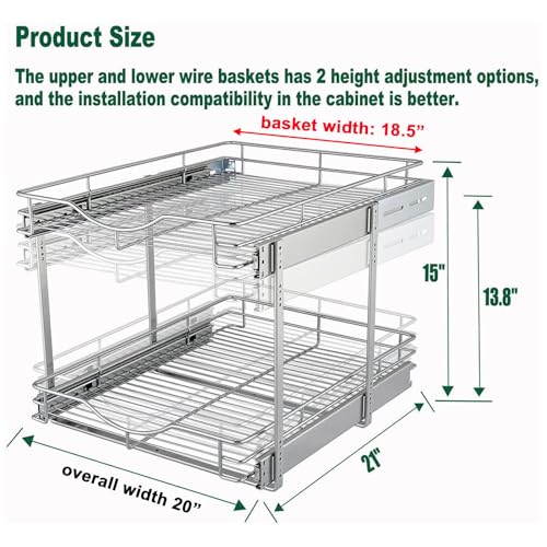 2 Tier Pull Out Cabinet Organizer (20" W X 21" D), Double Tier Wire Basket Slide Out Shelf Storage for Kitchen Base Cabinet Organization ​for Kitchen, Pantry, Bathroom, Chrome - view 3