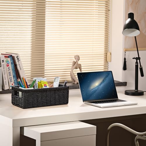 Wicker Storage Basket, Paper Rope Wicker Baskets with Handles, Toilet Paper Basket for Toilet Tank Top, Small Wicke Baskets for Organizing Shelves, 2-Pack, Black - view 5