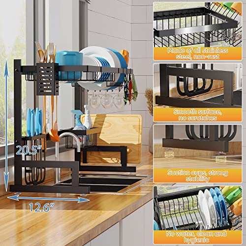 Over the Sink Dish Drying Rack, 2 Tier Adjustable Large Capacity Stainless Steel Dish Rack for Kitchen Counter, Heavy Duty Space Saver Organizer with Utensil Holder, Black - view 3