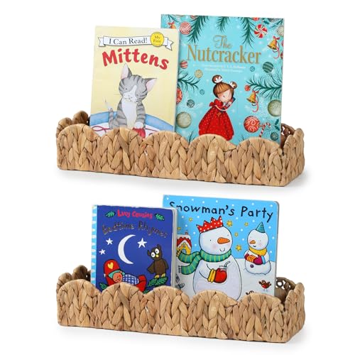 2 Pack Nursery Book Shelves, Scalloped Water Hyacinth Book Shelf for Kids Rooms, Handwoven Floating Book Shelves for Wall, 15.8” Wicker Hanging Bookshelf for Books, Toys, Photo Frames, Nursery decor