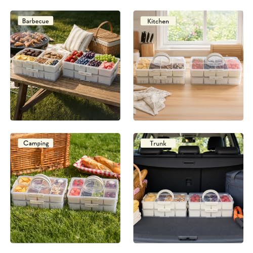 2 Pack Snack Box Container with 8 PP Compartments & 4 Draining Grids, Food Storage Tray with Lid & Handle, Dishwasher Safe, Portable Organizer for Picnic, Travel, Party - view 7