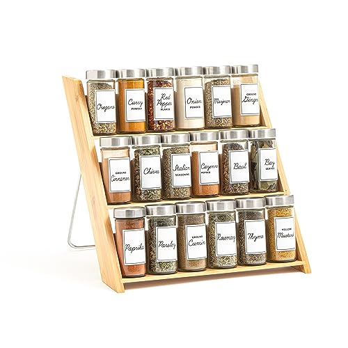 18 Jar Bamboo Compact Spice Rack with Spices Included & 5-Year Free Spice Refill Program for Countertop or Kitchen Drawer with Glass Jars
