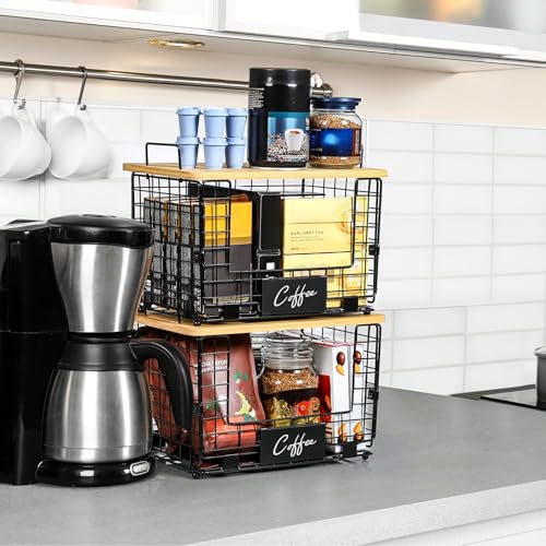 2 Set XL Stackable Wire Basket with Bamboo Tops & Tags- Pantry Organizer and Storage Bins, Kitchen Counter Cabinet Shelf Countertop Under Sink Organizing, Food Snack Produce Onion Potato Bread Storage - view 5