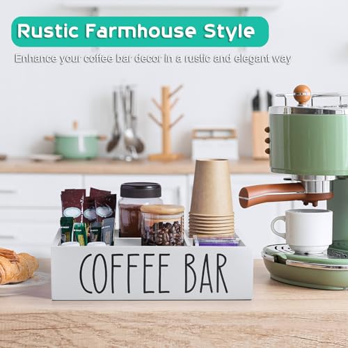 White Coffee Station Organizer with Removable Dividers – Wooden Coffee Bar Countertop Organizer for Pods, Stirrers, Sugar Packets & Lids, Kitchen, Office, Café Use - view 3