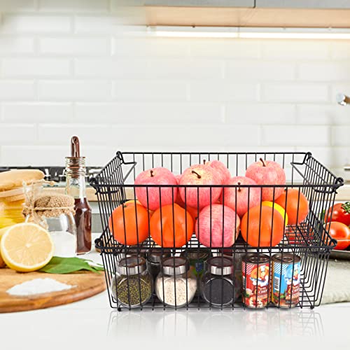 Set of 2 Stackable XXL Wire Baskets For Pantry Storage and Organization -16x12in Large Metal Food Baskets -Vegetable,Fruit,Potato,Onio, Pantry Storage Bins With Handles (Black, XXL) - view 3
