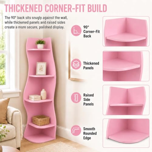 5-Tier Wavy Corner Shelf with Curvy Shape for Small Space, Pink - view 6