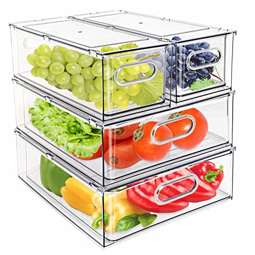 4Pack Stackable Refrigerator Organizer Bins Pull Out Drawer Large Vegetable Fruit Storage for Fridge Organizer Drawers with Handle Clear Food Storage Container Box for Kitchen Pantry Cabinet
