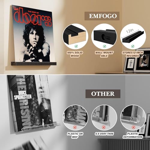 Vinyl Record Shelf Wall Mount, 6 Pack Album Record Holder Wall, 12 inch Vinyl Record Storage Shelves Wall, Wood Record Display for Living Room(Black) - view 5