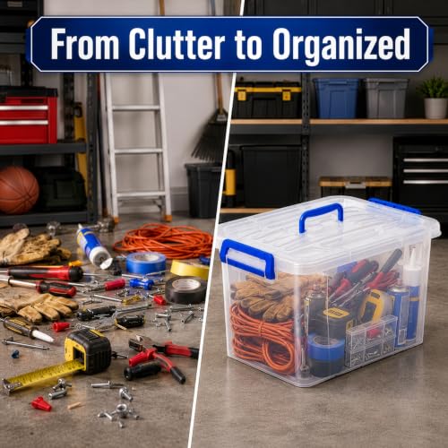 Plastic Organizer Box Set - 6 Pack Stackable Clear Totes with Snap Handles, Latching Lid, Transparent Containers for Home, Garage, Closet, Office Organization - Durable Storage Solution - view 4
